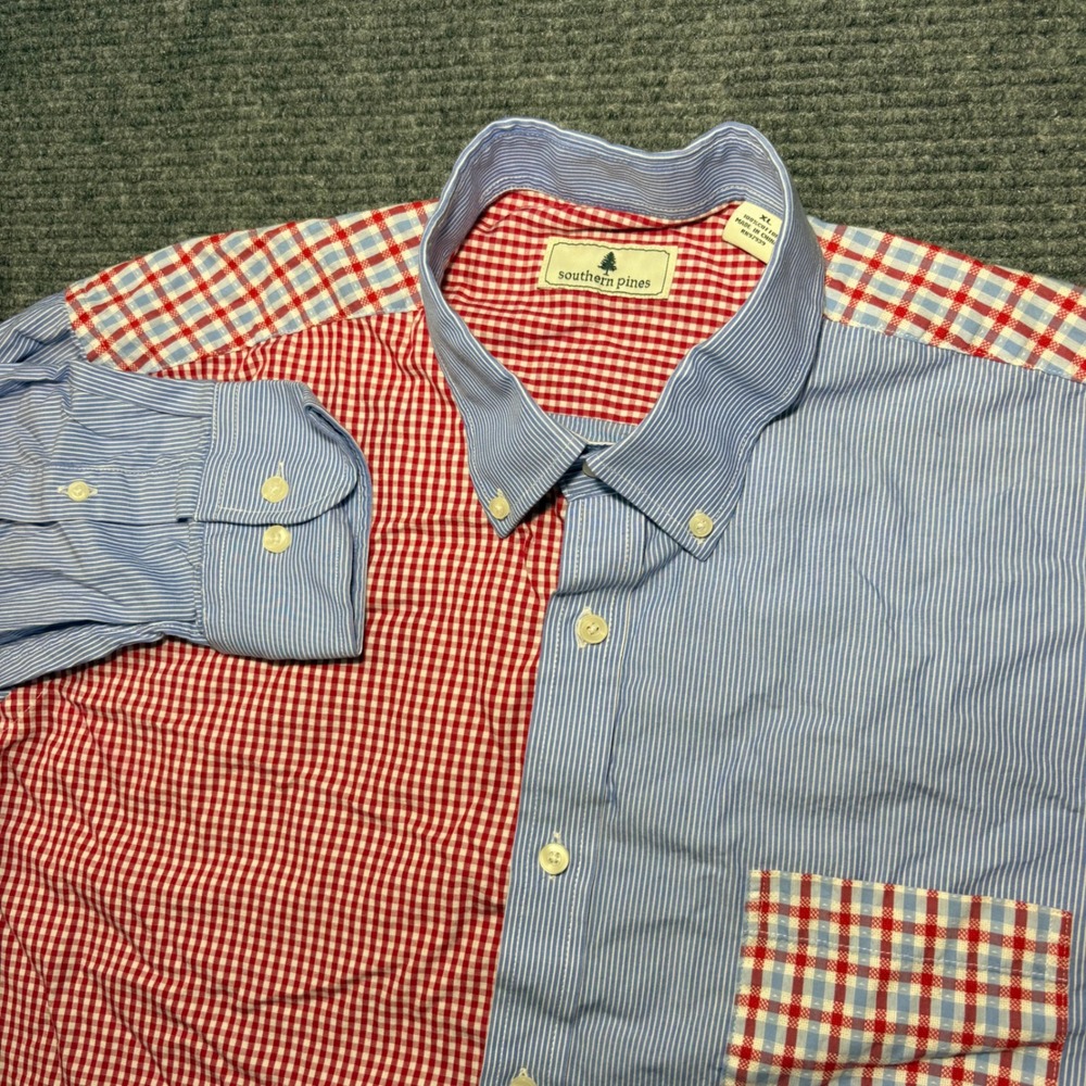 Southern Pines Mens XL Patchwork Gingham Pinstripe Button Down Shirt Red Blue